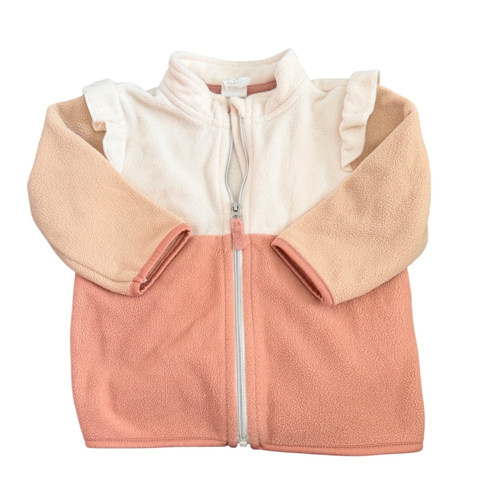 HM Baby Girls Fleece Jacket Colorblock Ruffle Shoulder Pink Cream Tan 9M 6-9M